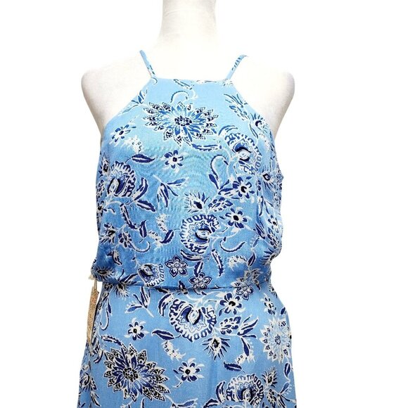Blue Floral Halter Neck Sleeveless Midi Dress With Lace-Up Back Size M - Picture 5 of 10